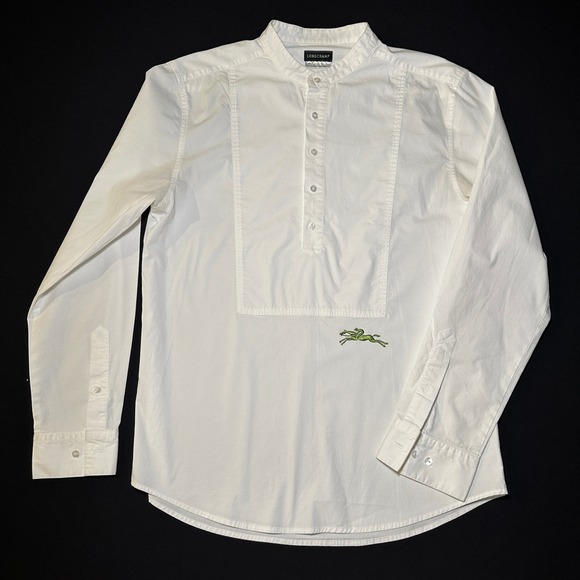 Longchamp Riding Shirt Womens Medium White Band Collar Bib Embroidered Logo - Picture 1 of 16